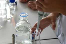 Scientist uses pipette to extract liquid in a lab.